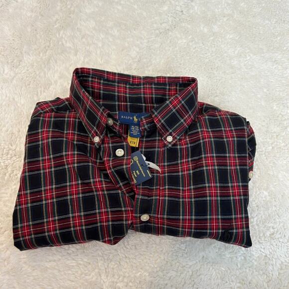 NWT Ralph Lauren Black Plaid Button Down Shirt Boys XL or 20 Red Polo Logo - Picture 1 of 7